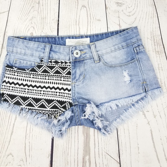 Wylde Hart Pants - Cut Off Jean Shorts Black White TRIBAL PRINT